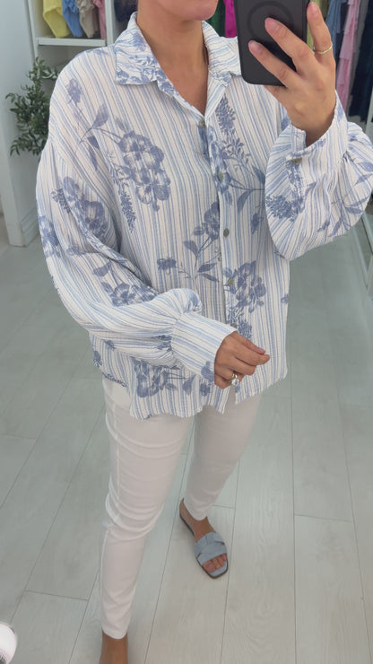 Kimber Floral Pattern Stripe Cheesecloth Shirt