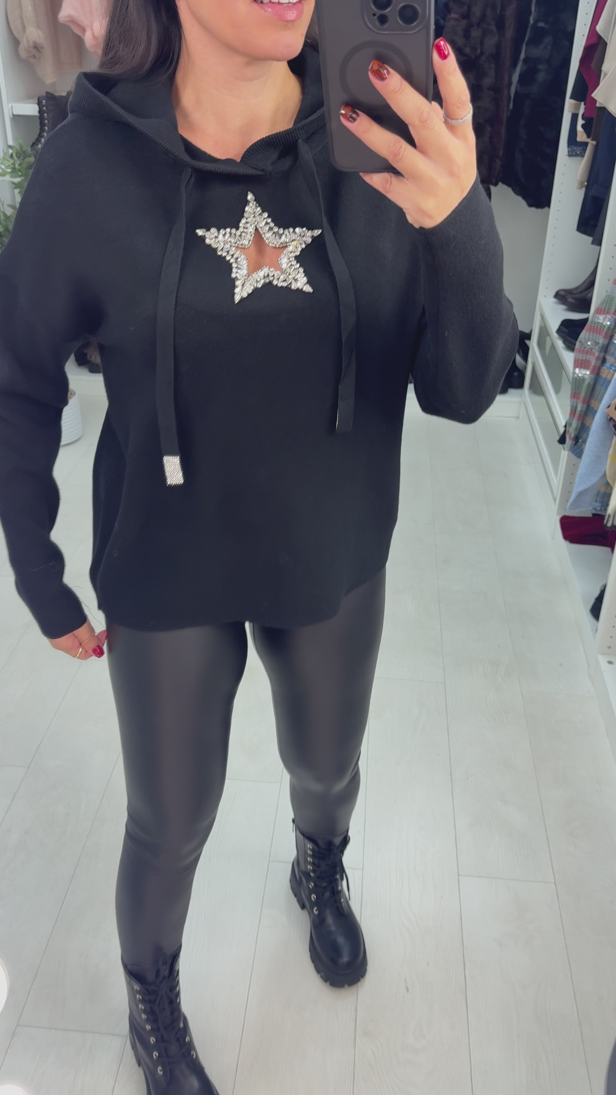 Load video: Corrine Embellished Star Detail Hooded Knit Jumper