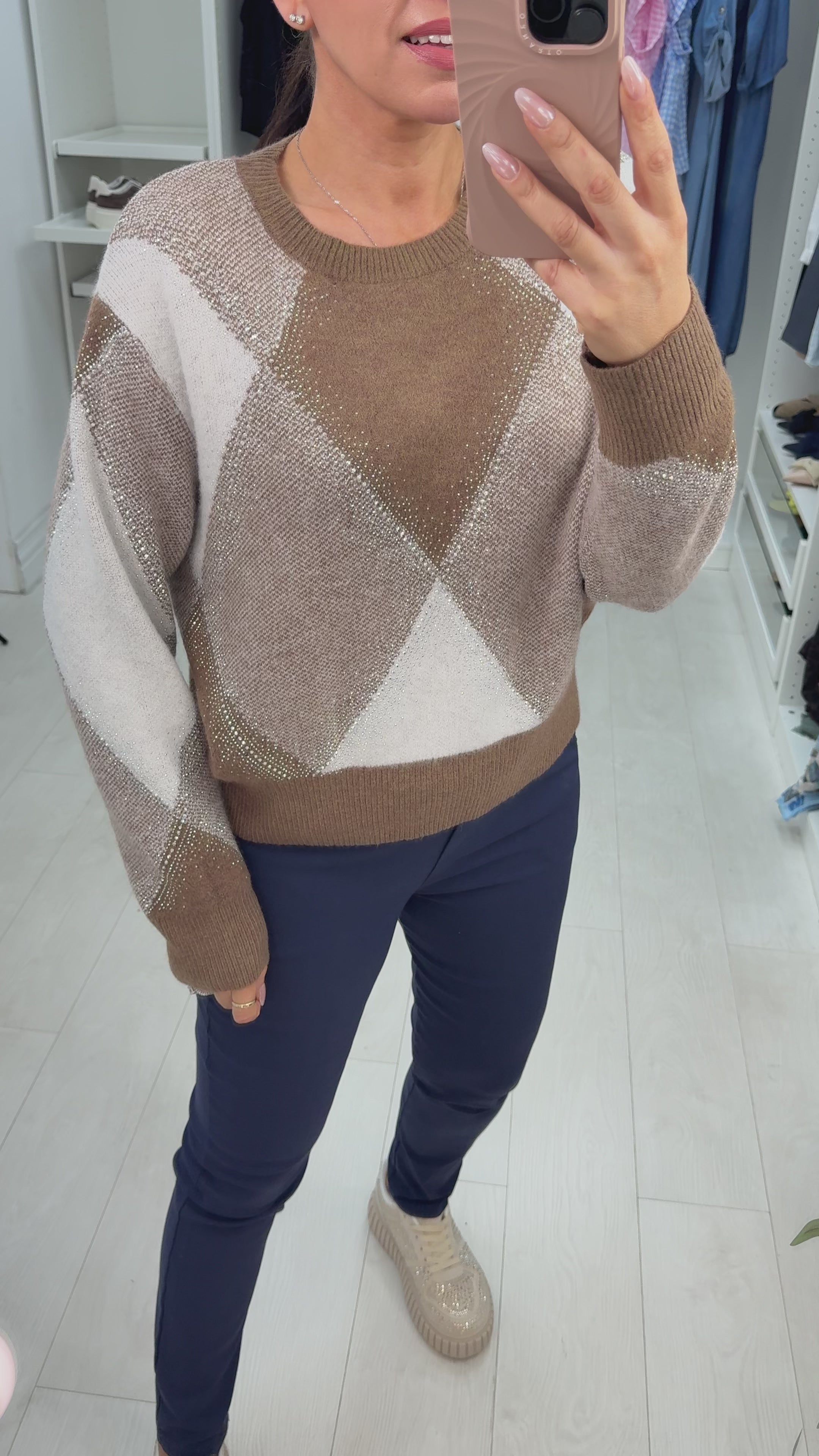 Clover Diamante Embellished Argyle Jumper