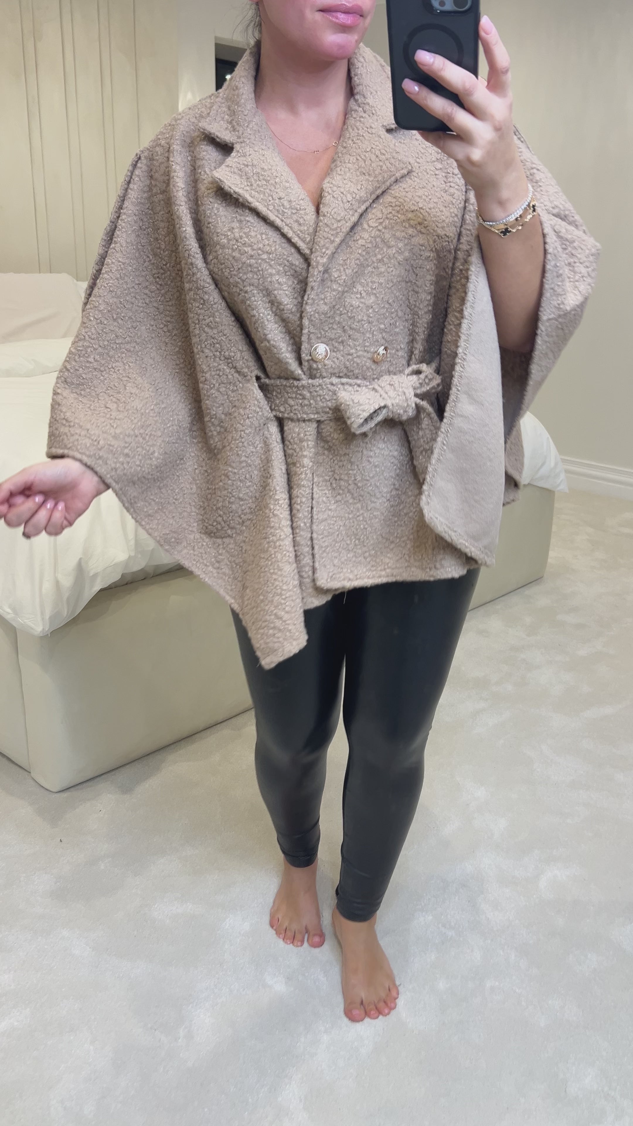 Load video: Jaime Teddy Gold Detail Poncho Jacket