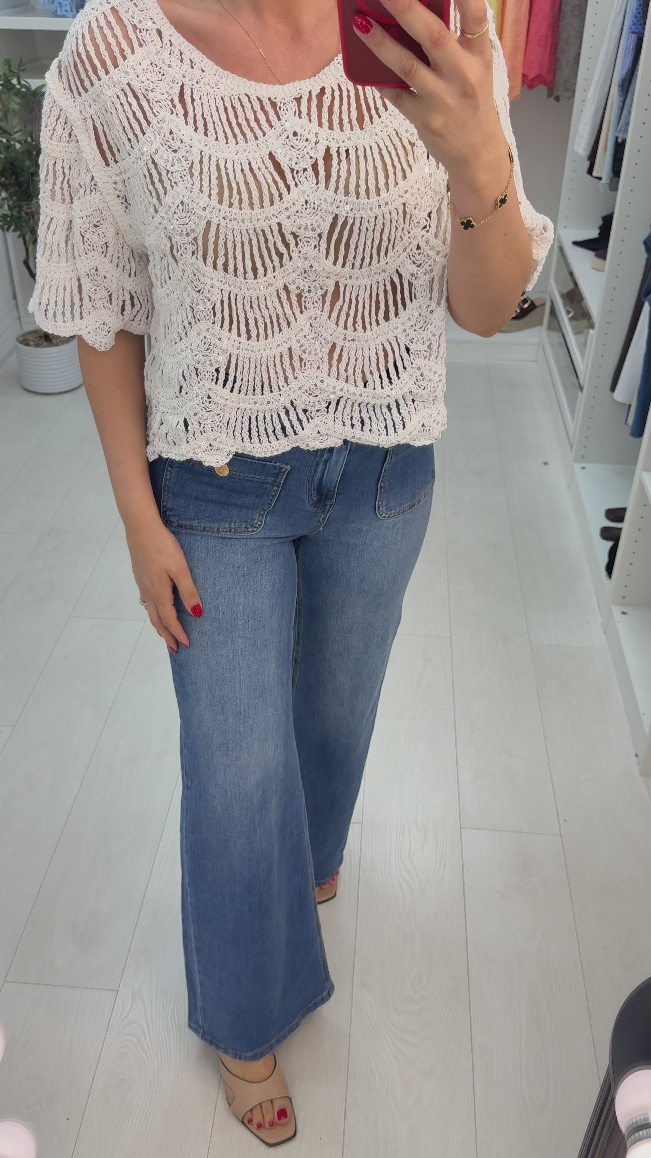 Load video: Liah Sequin Embellished Short Sleeve Crochet Top