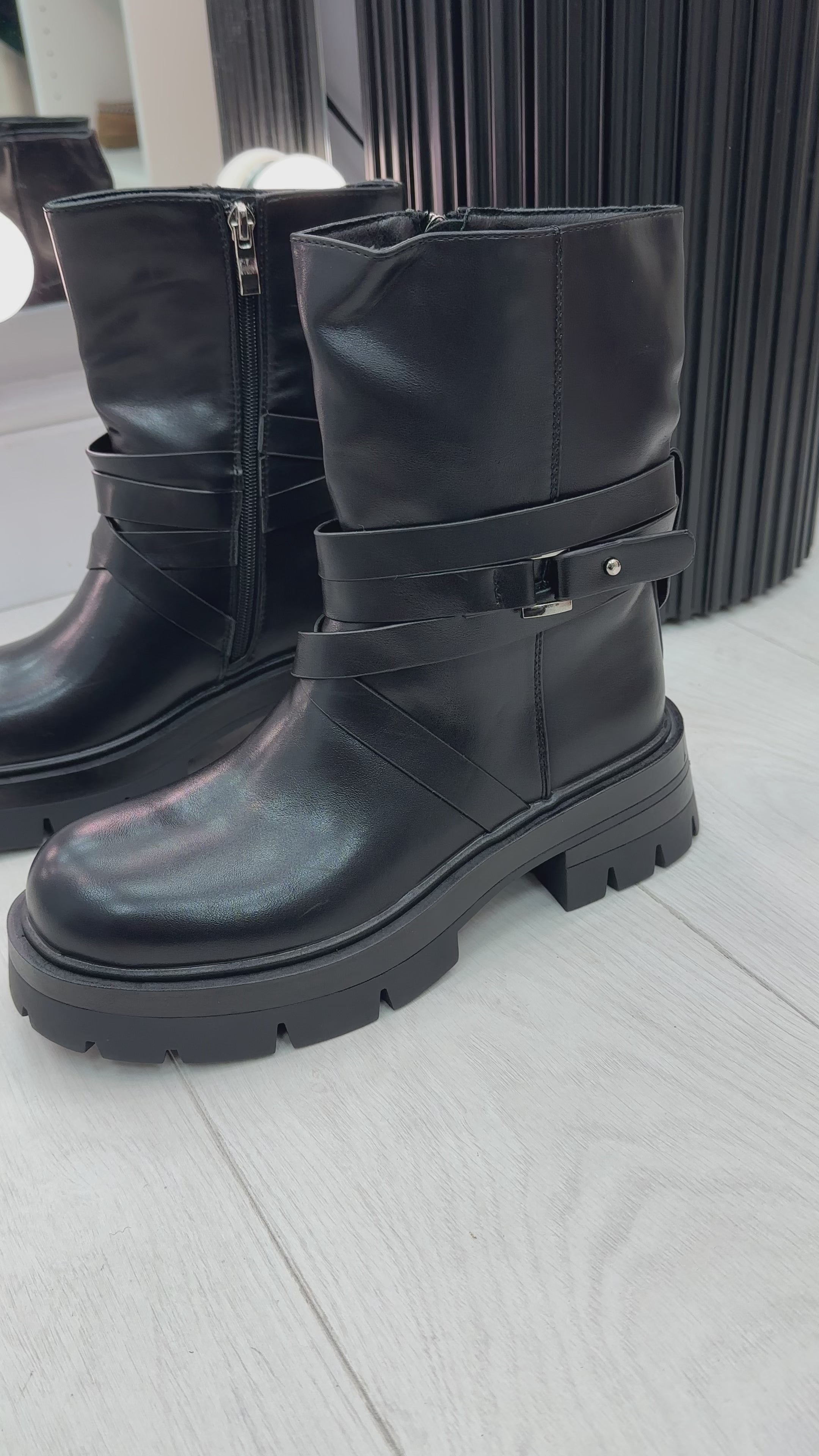 Load video: Christina Faux Leather Buckle Design Chunky Boot