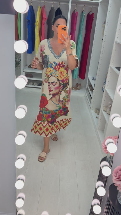 Zaina Floral Print Embellished Loose Fit Dress