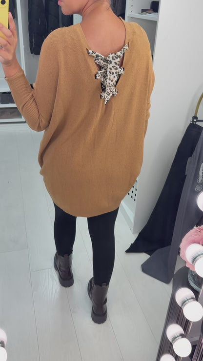 Tuscany Leopard Tie Bow Back Batwing Knitted Jumper