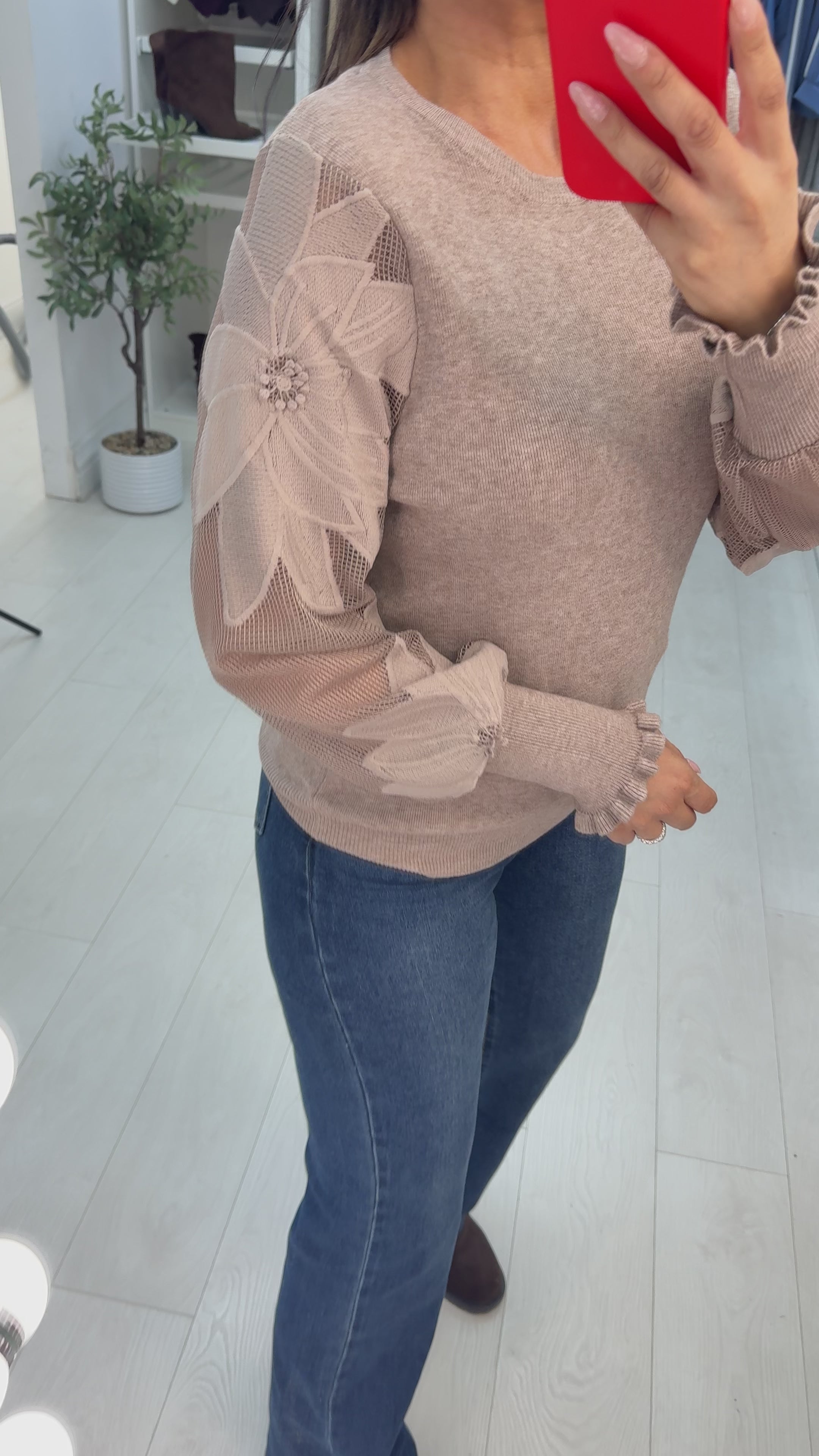 Ginette Plain Floral Mesh Sleeve Detailed Jumper
