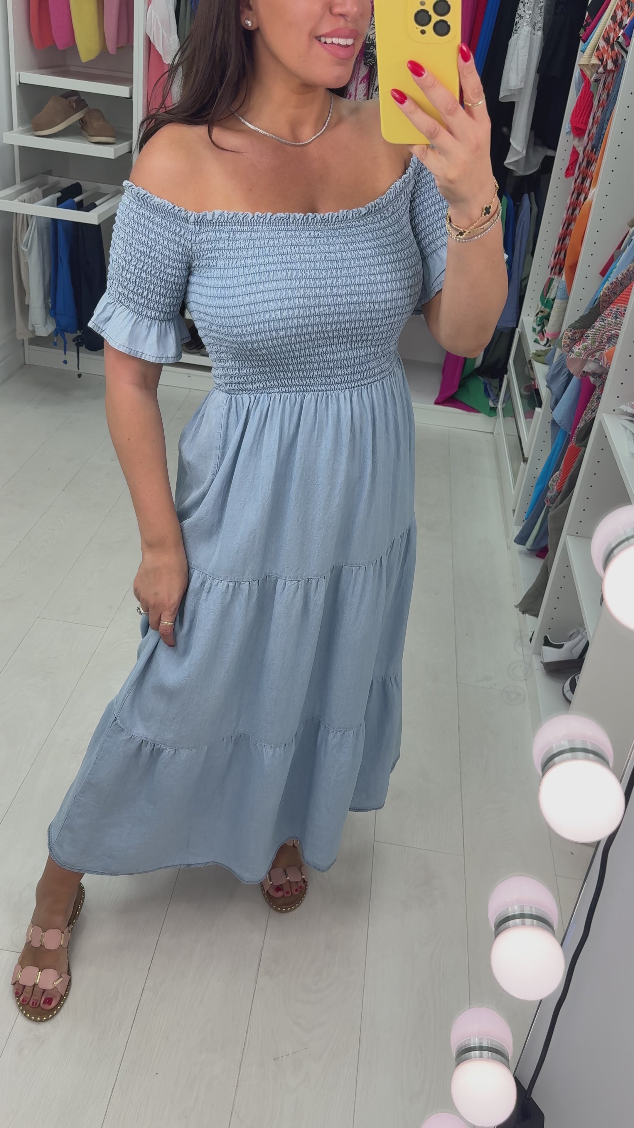 Load video: Maggie Bardot Elasticated Denim Maxi Dress