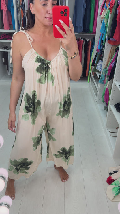 Alida Cream Watercolour Tie shoulder Jumpsuit