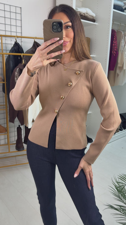 Falena Plain Asymmetric Button Detail Top