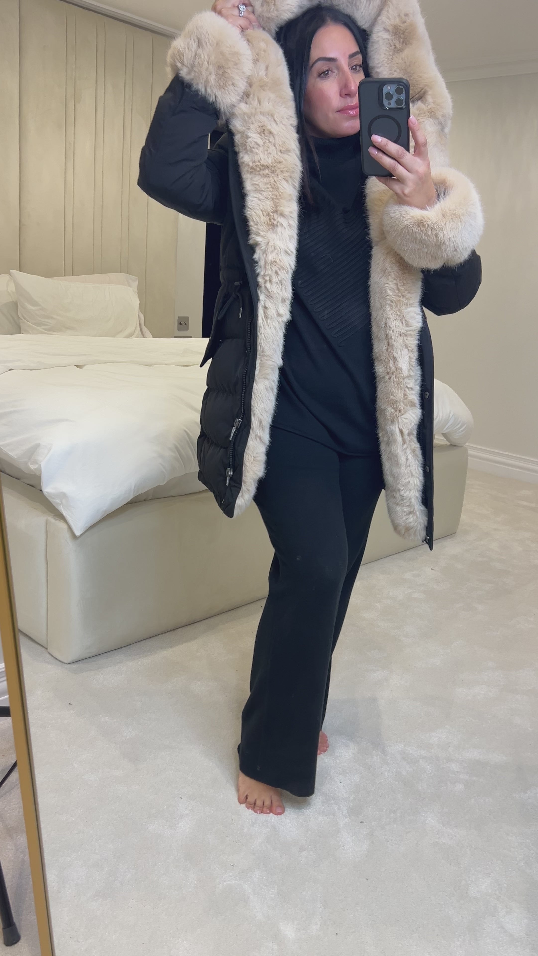 Load video: Vienna Black/Beige Luxury Faux Fur Trim Coat