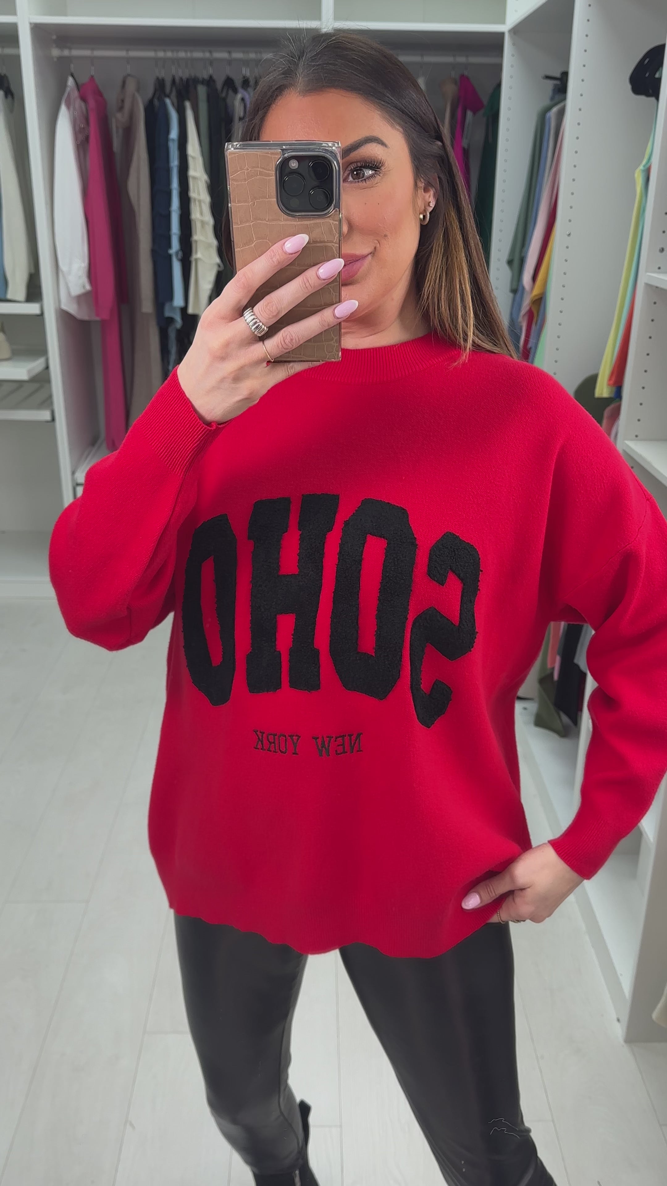 Load video: Naomi Boucle &#39;SOHO&#39; Slogan Crew Neck Jumper