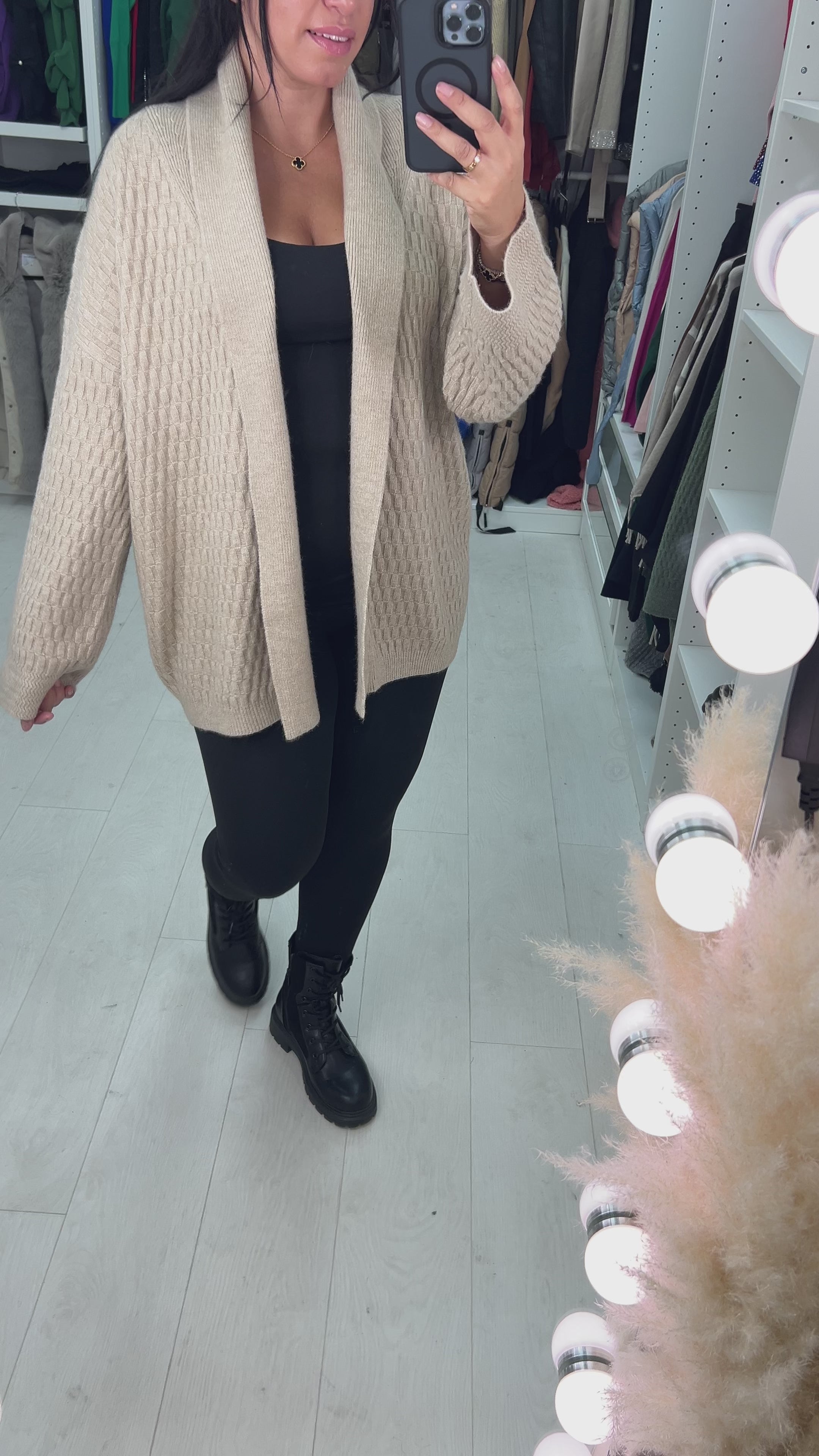 Load video: Melissa Shawl Collar Open Front Textured Cardigan