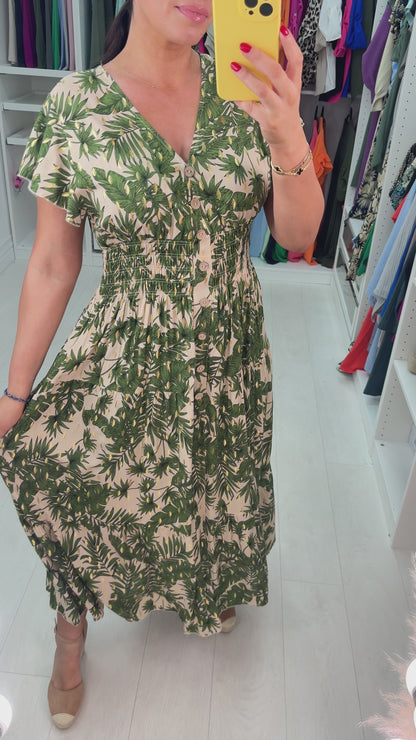 Calypso Frilly Sleeve Leaf Print Dress