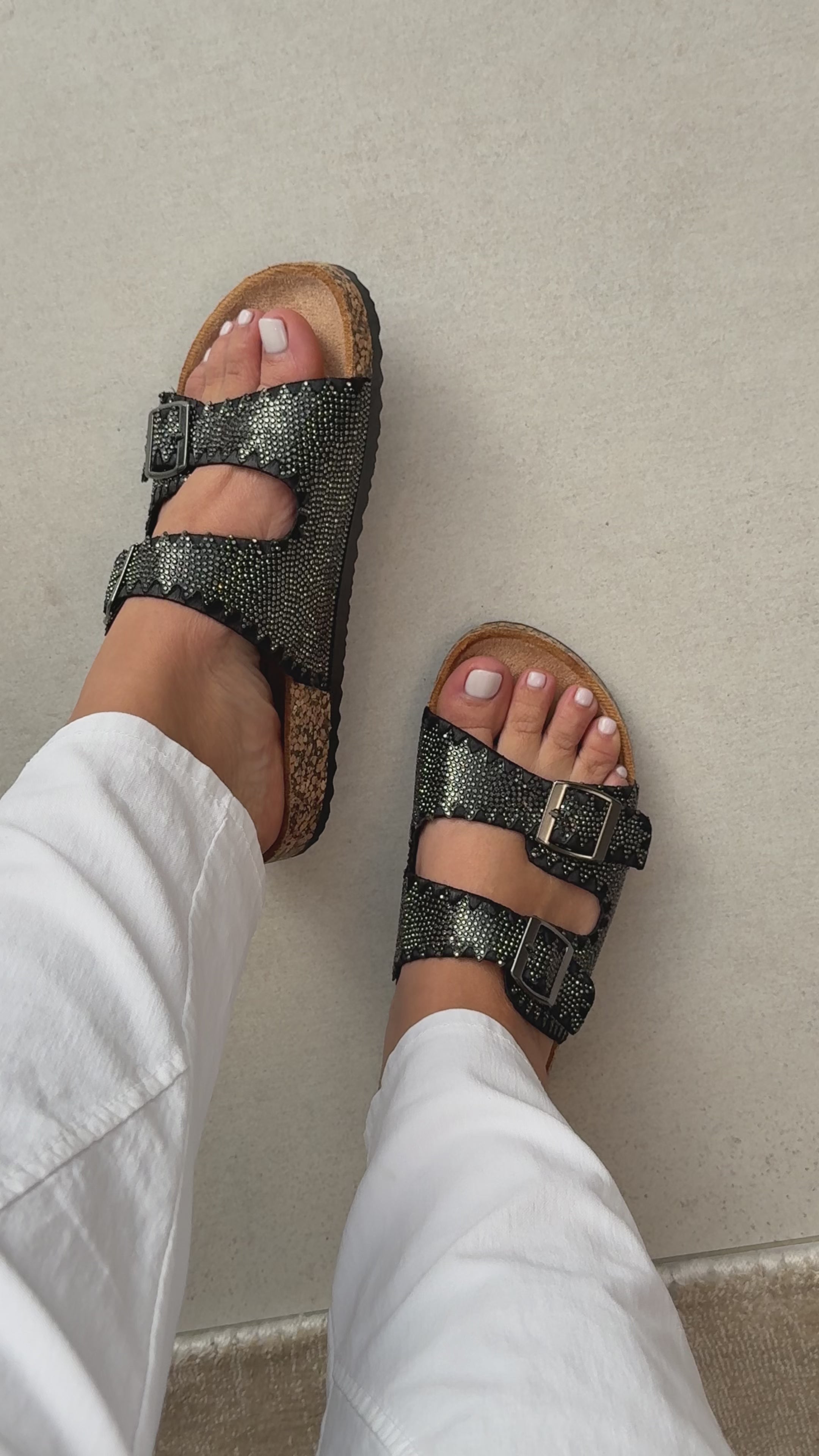 Load video: Gigi Diamante Embellished Buckle Sliders