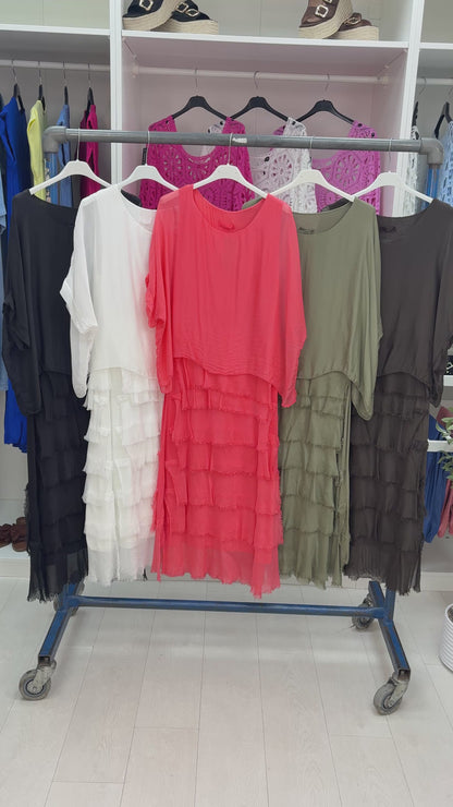 Lizzie Plain Batwing Sleeve Ruffle Dress