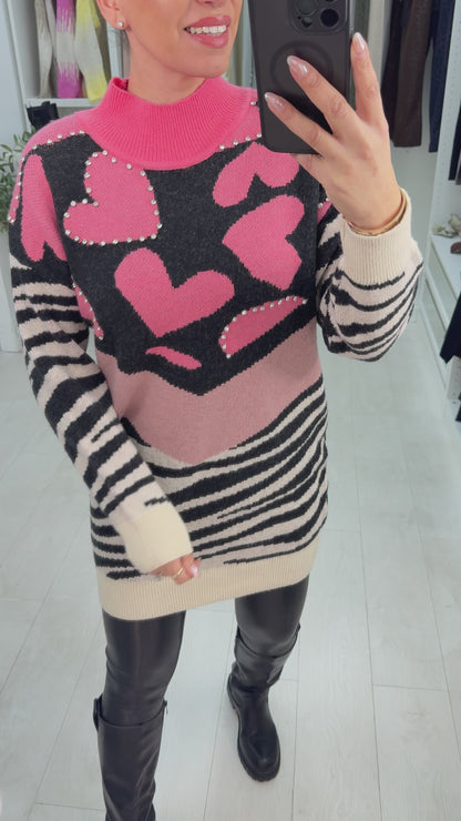 Agatha Embellished Heart & Animal Print Longline Jumper
