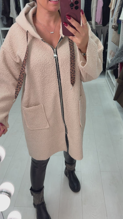 Lindsey Boucle Hooded Leopard Detail Jacket