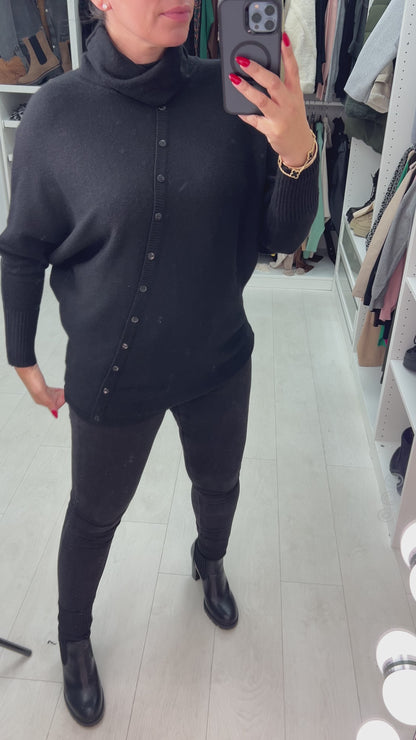 Selda Asymmetric Button Detailed Roll Neck Knit Jumper