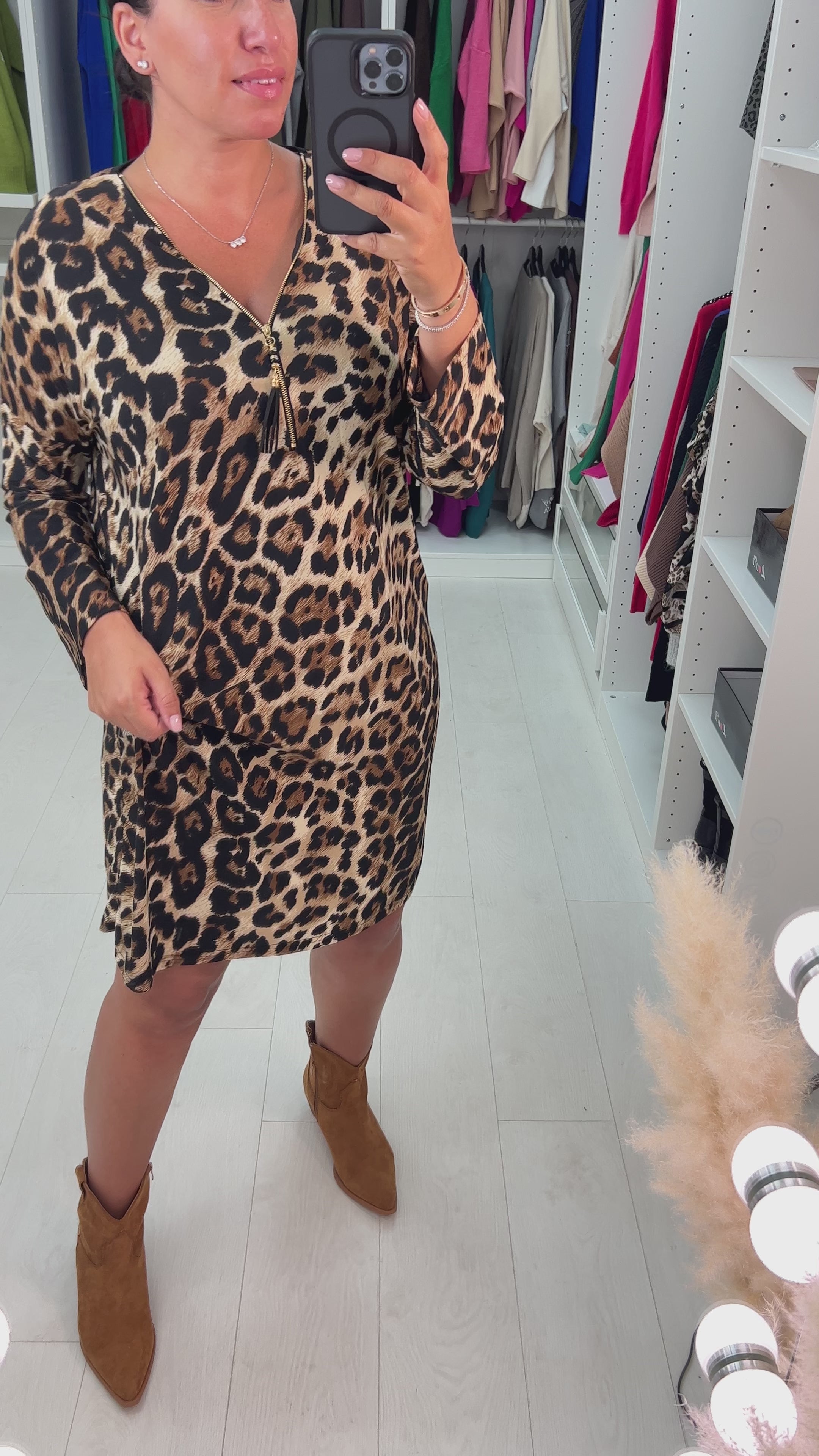 Load video: Martita Leopard Print Zip Detail Smock Dress