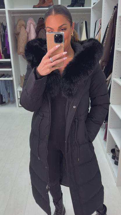 Alberta Black Padded Faux Fur Hooded Coat