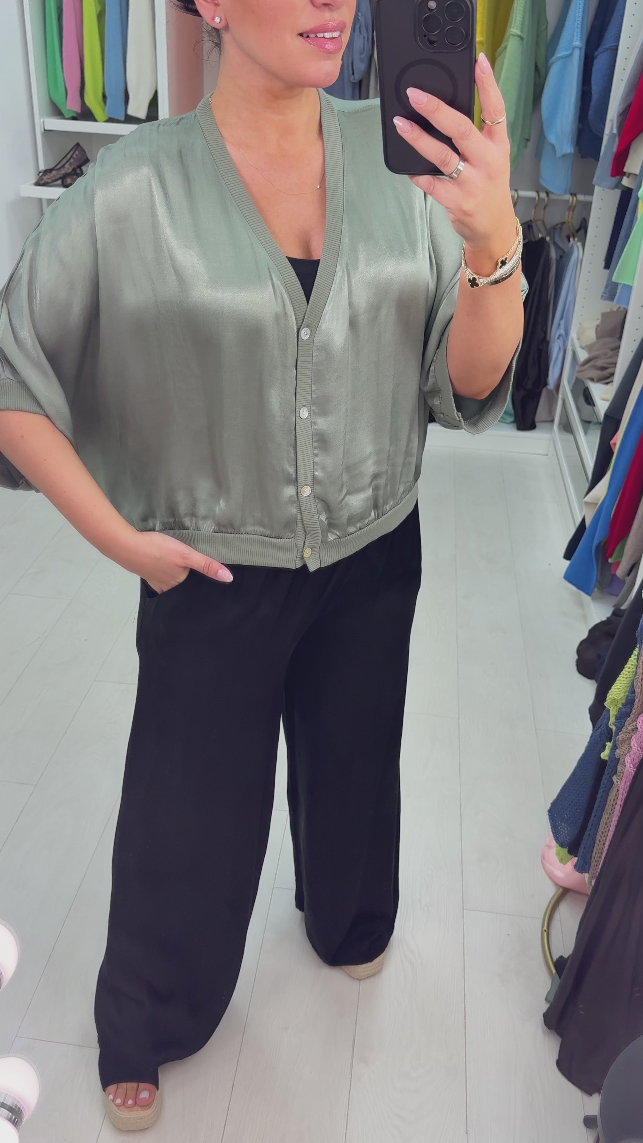 Deana Plain V Neck Button Front Satin Top