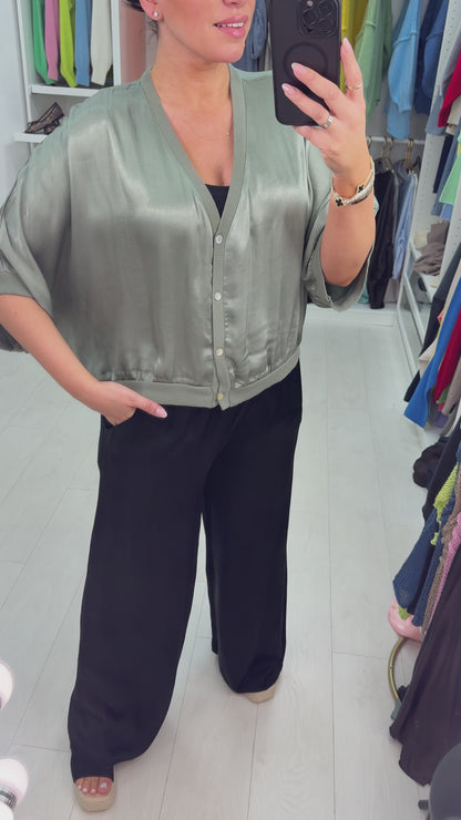 Deana Plain V Neck Button Front Satin Top