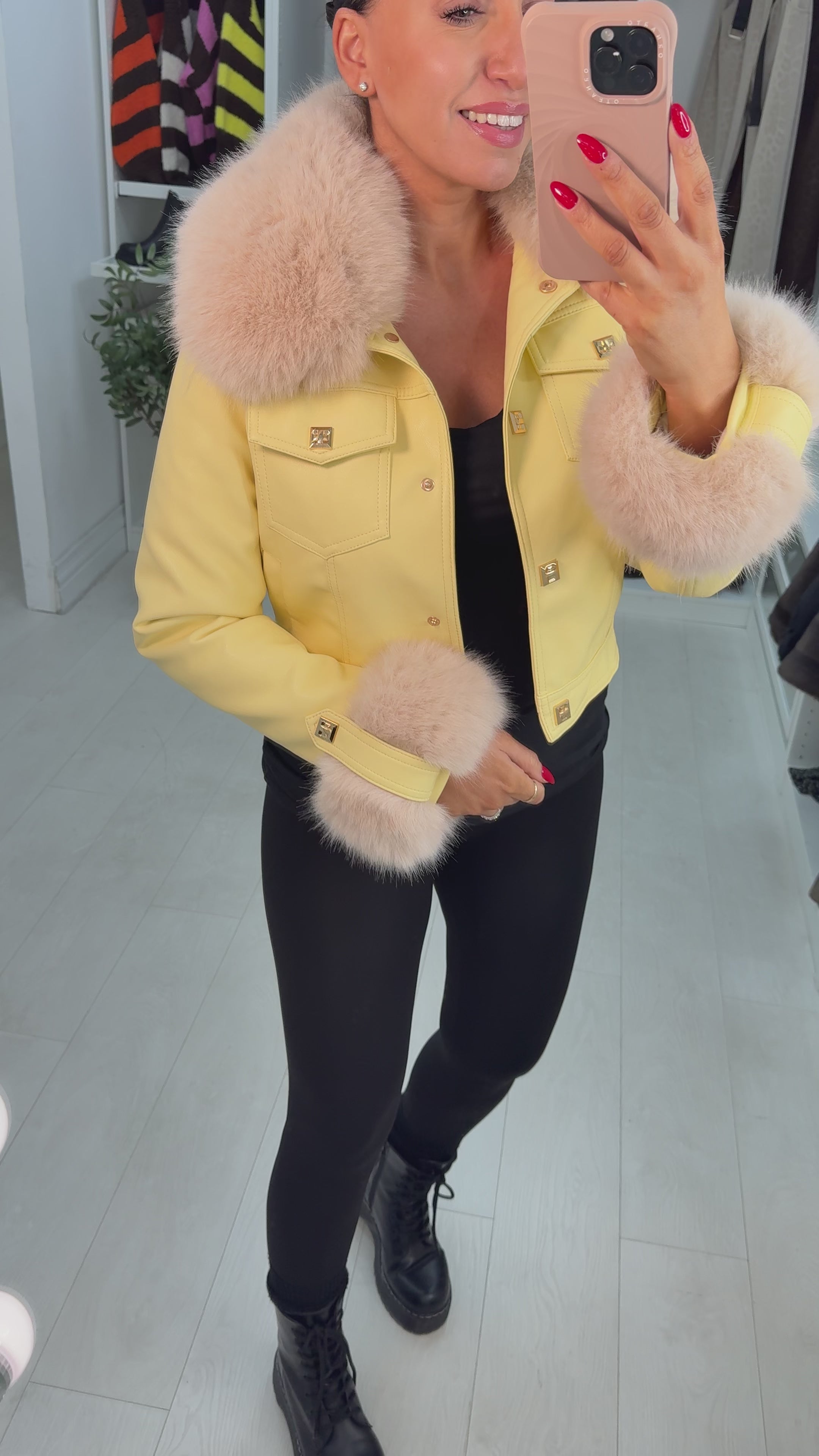 Load video: Ayla Faux Leather &amp; Fur  Detailed Jacket