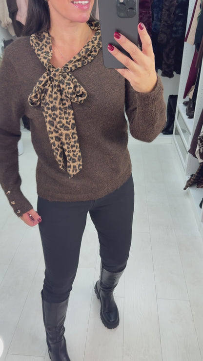 Emilee Plain Leopard Print Pussybow Jumper