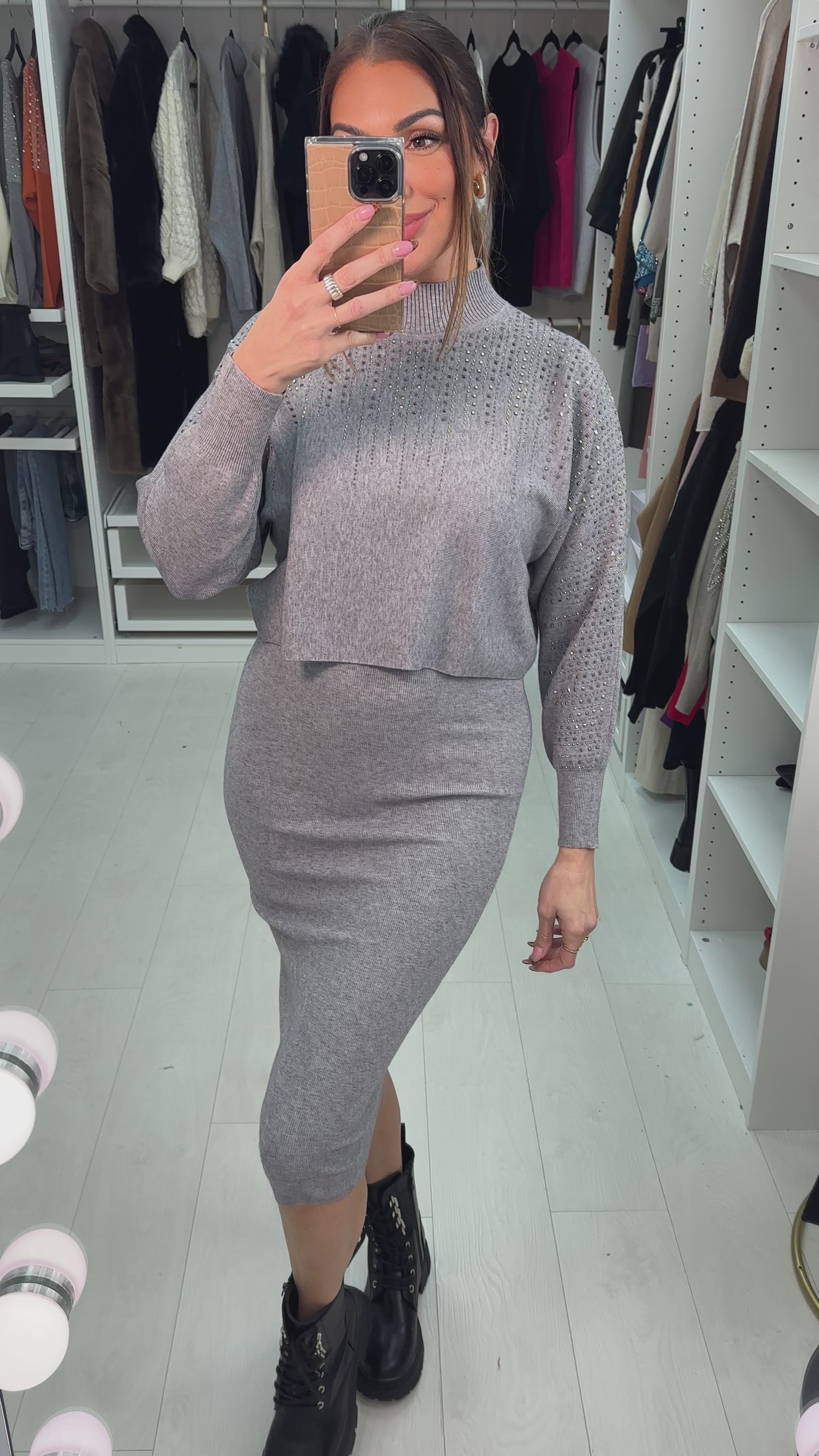 Clair Diamante Detail High Neck Knitted Dress Co-Ord Set