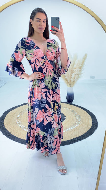 Sambina Tropical Floral Print Ruffle Maxi Dress