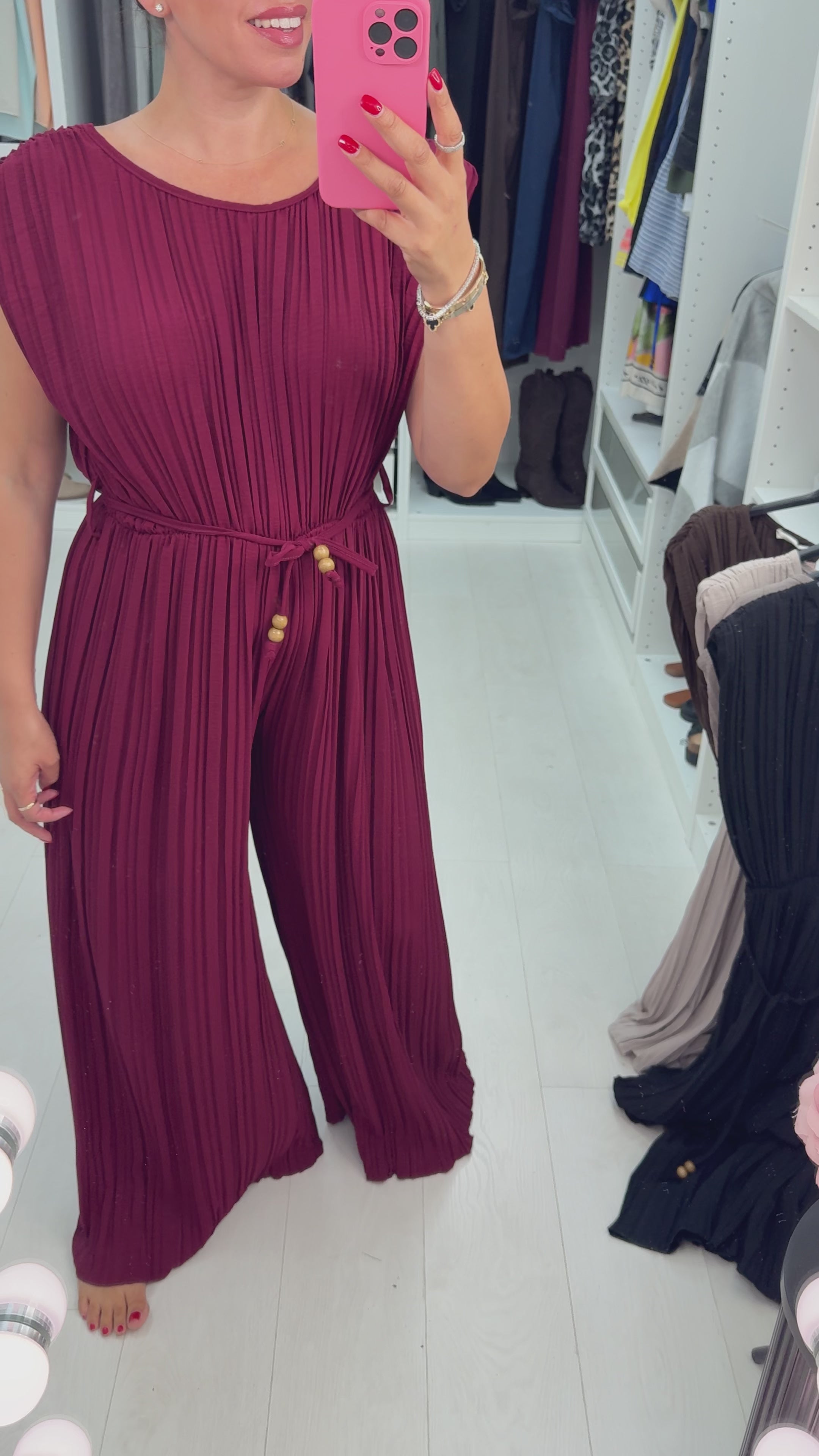 Load video: Klaria Plain Ribbed Tie Waist Wide Leg Jumpsuit