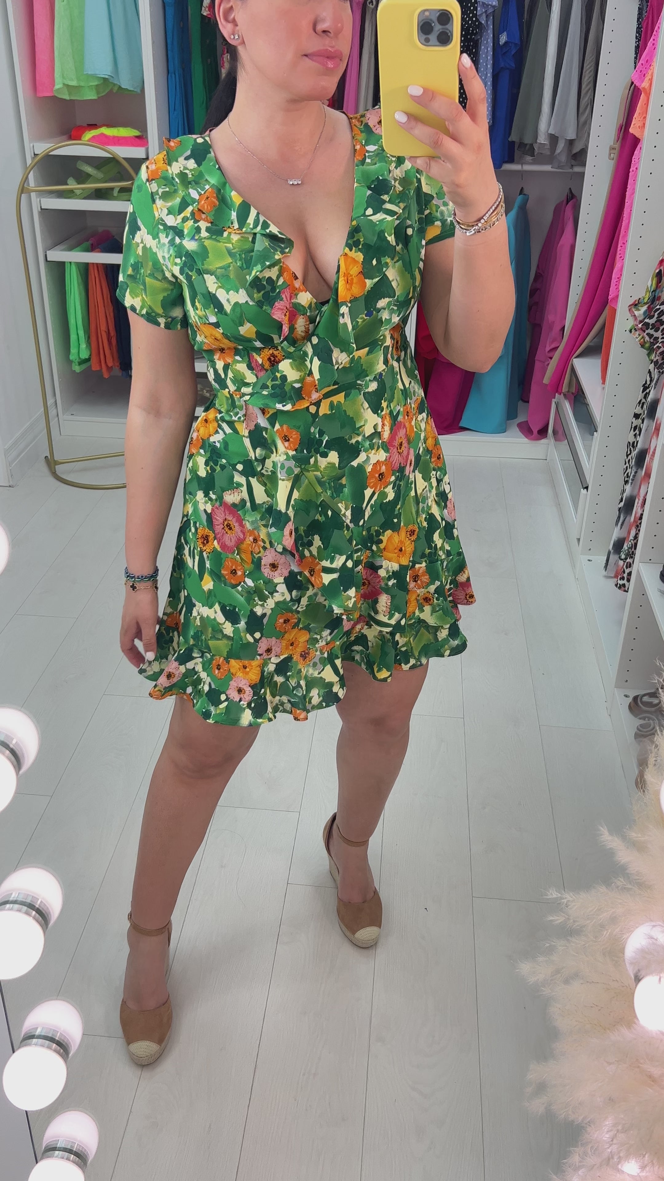 Load video: Giusy Emerald Floral Print Ruffle Mini Dress