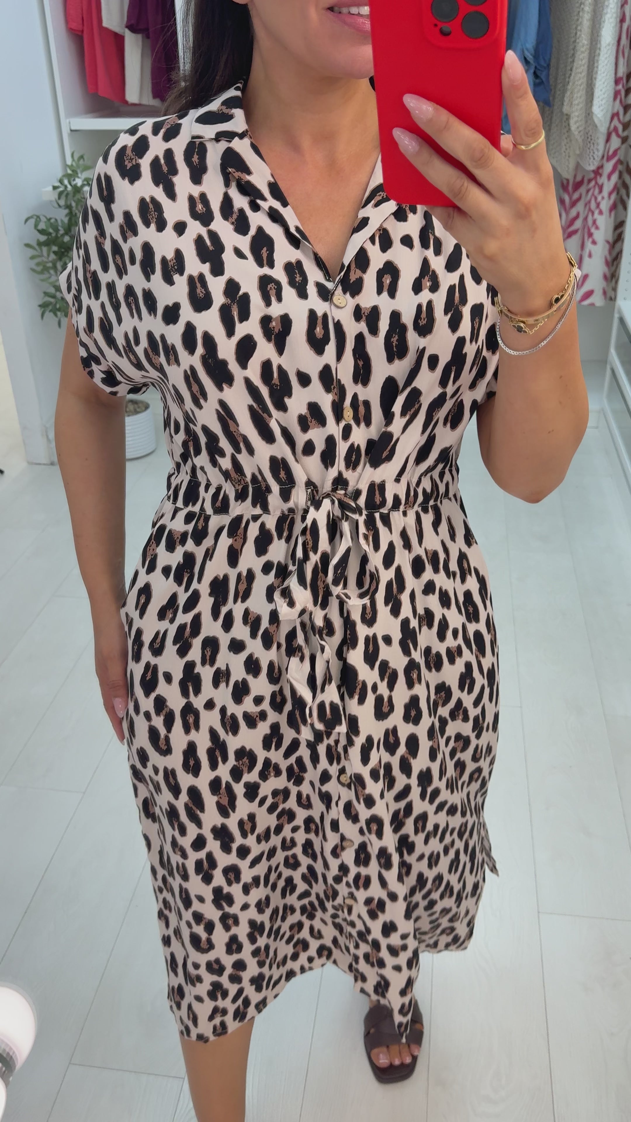 Janica Leopard Print Drawstring Waist Shirt Dress