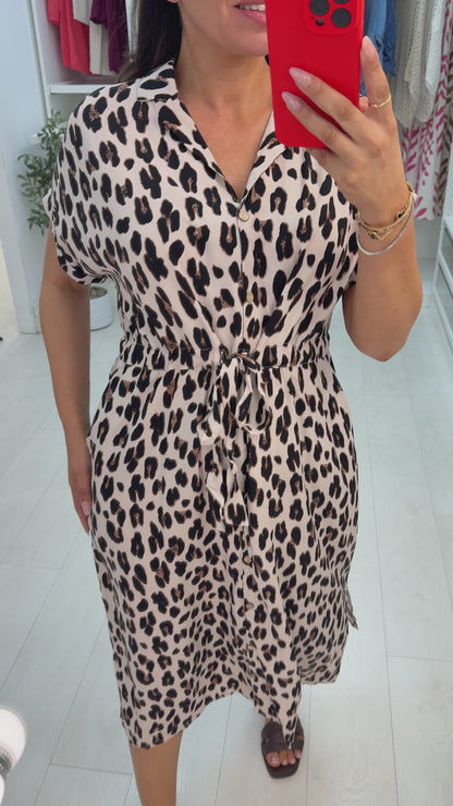 Janica Leopard Print Drawstring Waist Shirt Dress