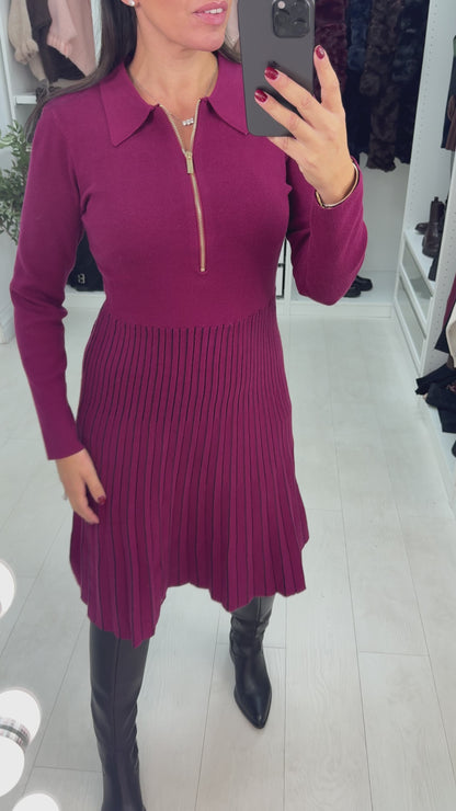 Amabelle Zip Front Pleated Skater Skirt Jumper Dress