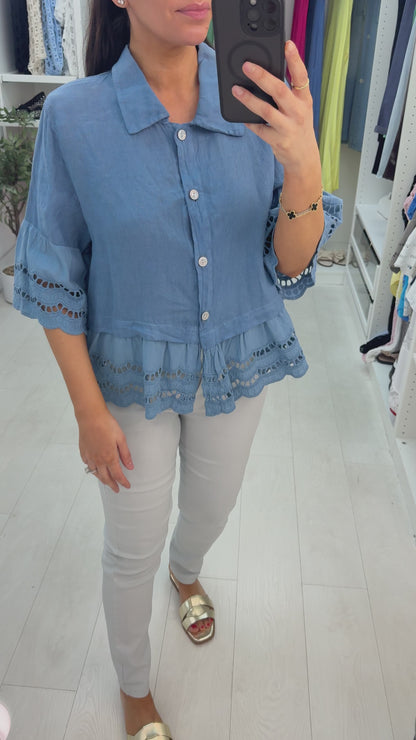 Maeve Plain Loose Fit Frill Detailed Linen Smock Shirt