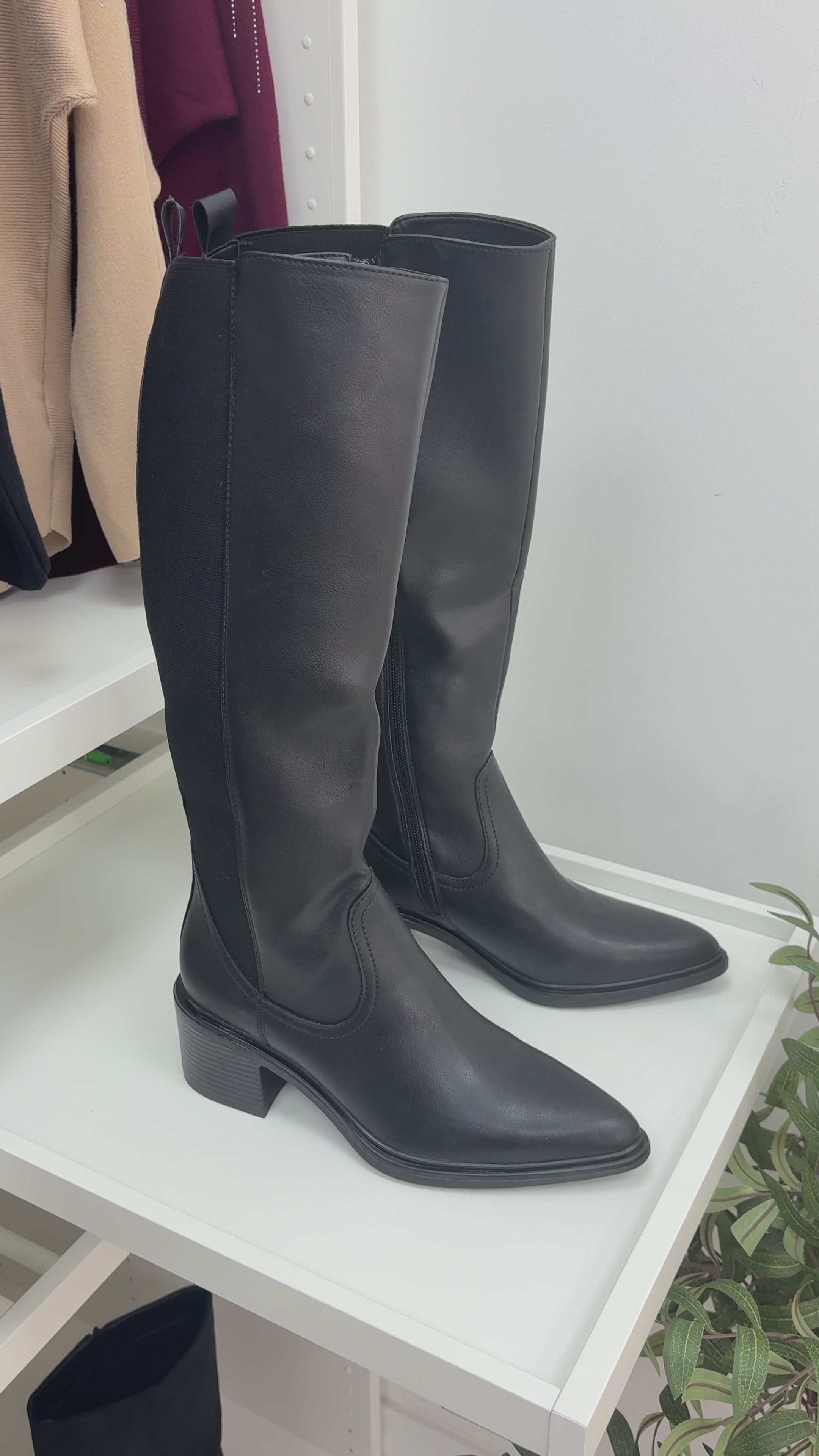 Load video: Trish Faux Leather Knee High Point Boots