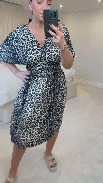 Kassandra Leopard Print Short Sleeve Magic Midi Dress