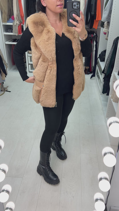 Aerin Camel Faux Fur Panelled Gilet