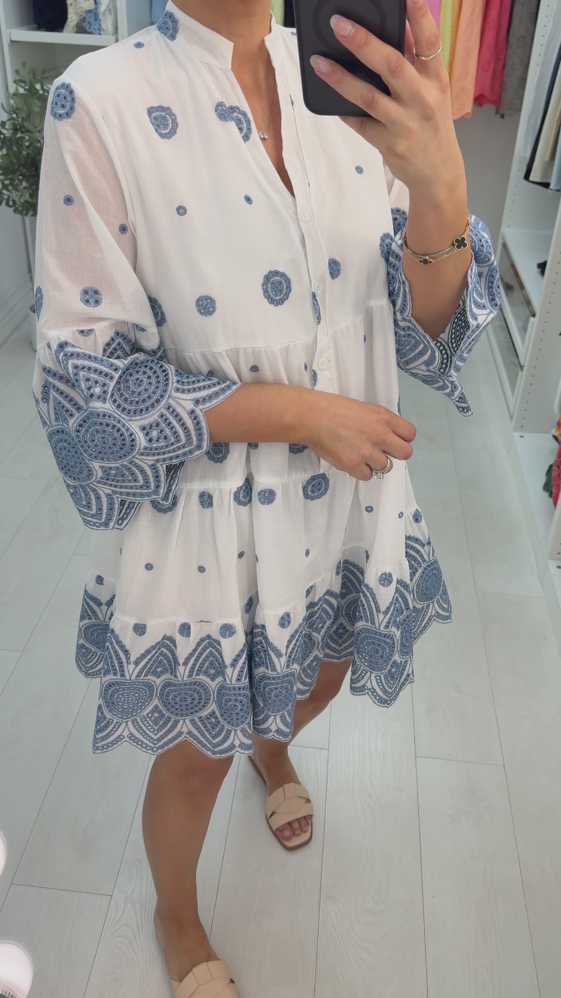 Load video: Mariana Embroidered Loose Fit Smock Dress
