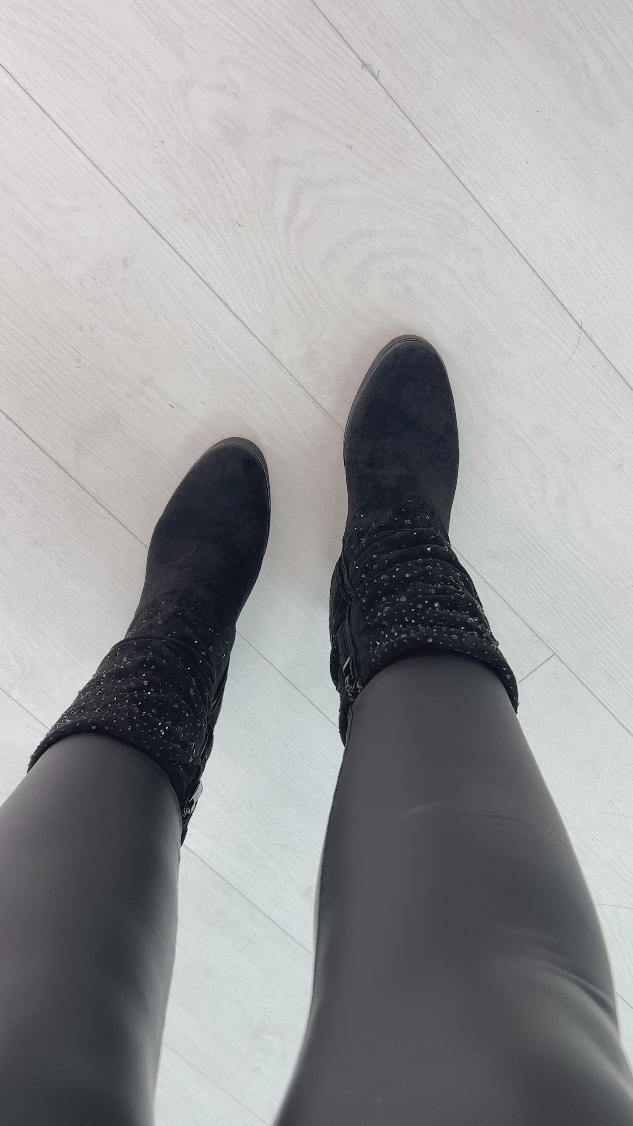 Load video: Zorita Scattered Gem Ruched Faux Suede Wedge Boot