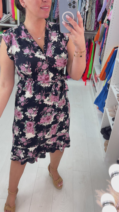 Orietta Navy Rose Print Ruffle Trim Dress