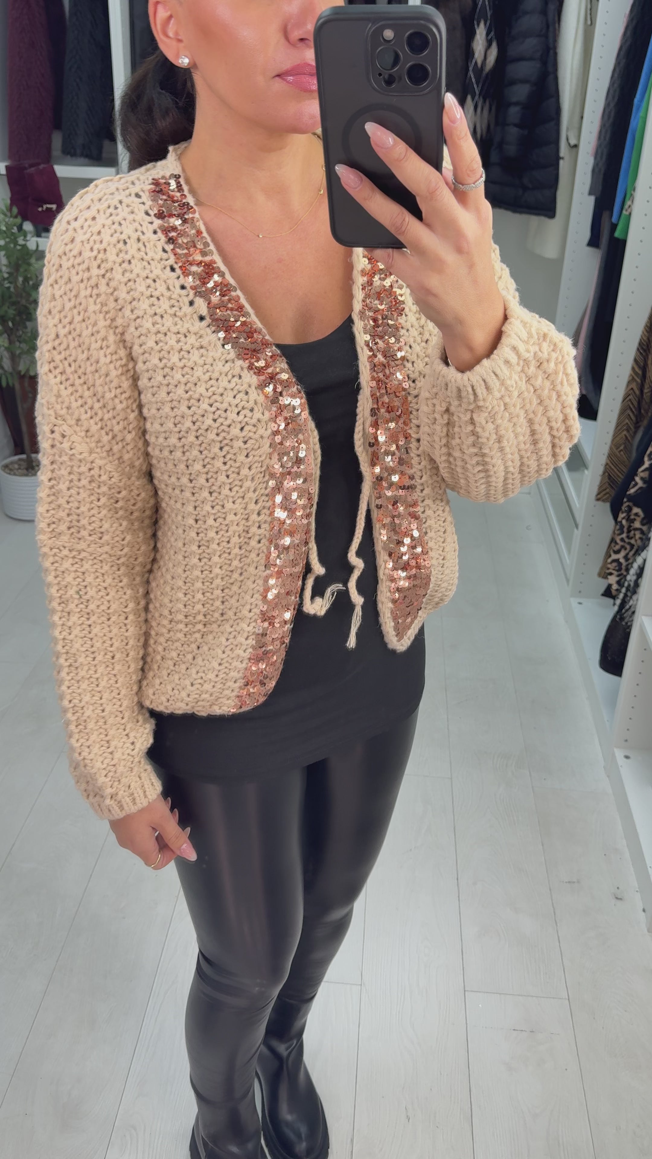 Load video: Alianna Sequin Tie Front Chunky Cardigan