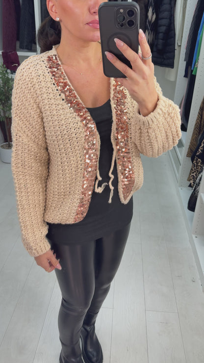 Alianna Sequin Tie Front Chunky Cardigan