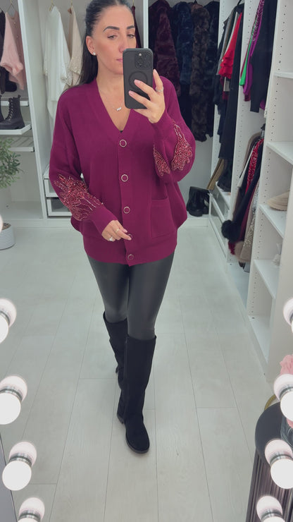 Reby Plain Embellished Sleeve Button Front Cardigan