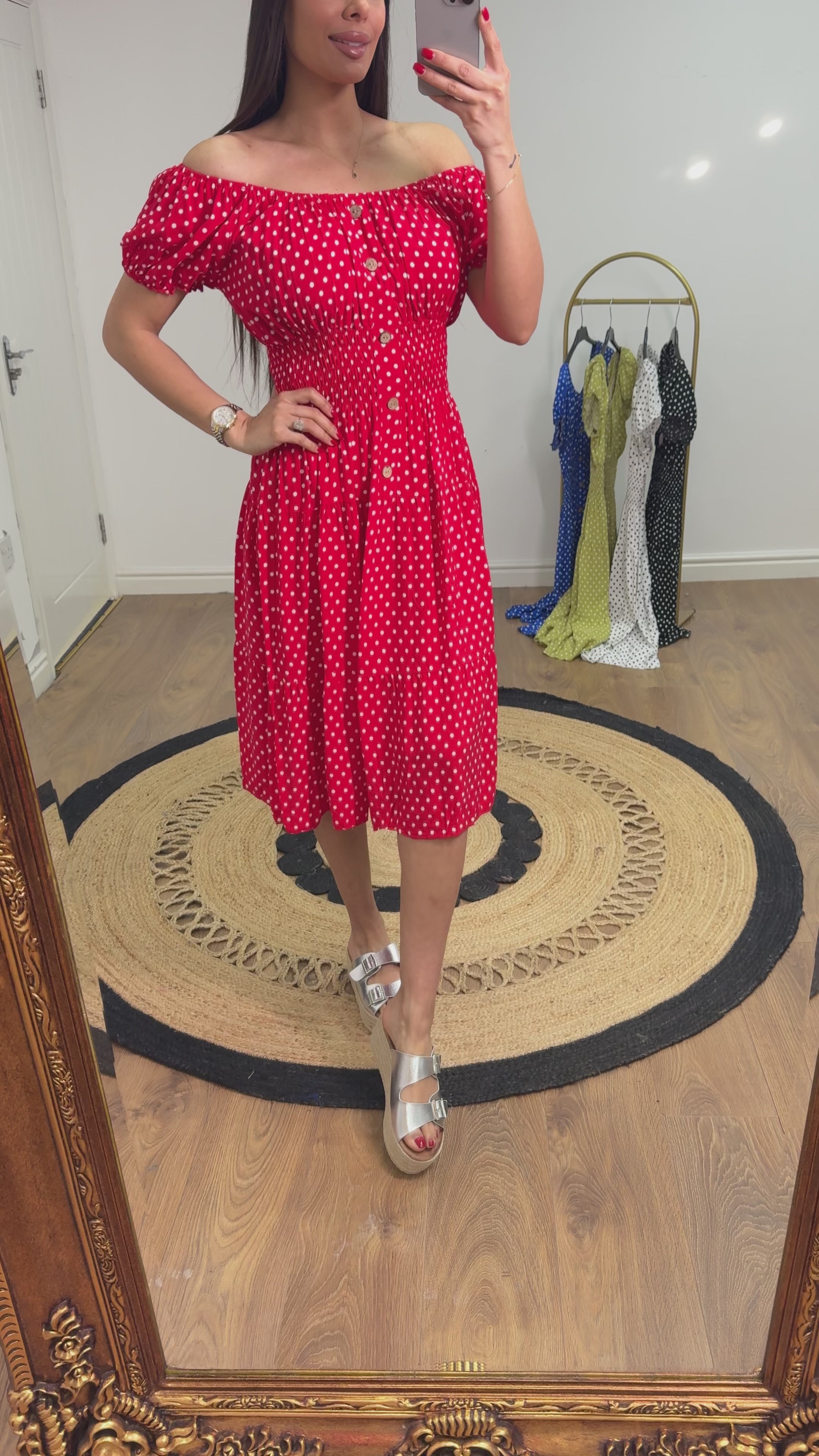 Izlem Polka Dot Print Button Detail Midi Dress