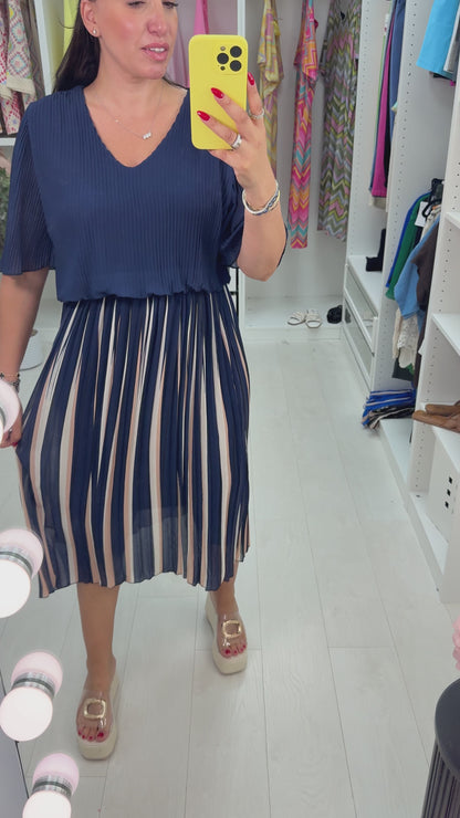 Rachella Striped Pleated Loose Fit Midi Dress