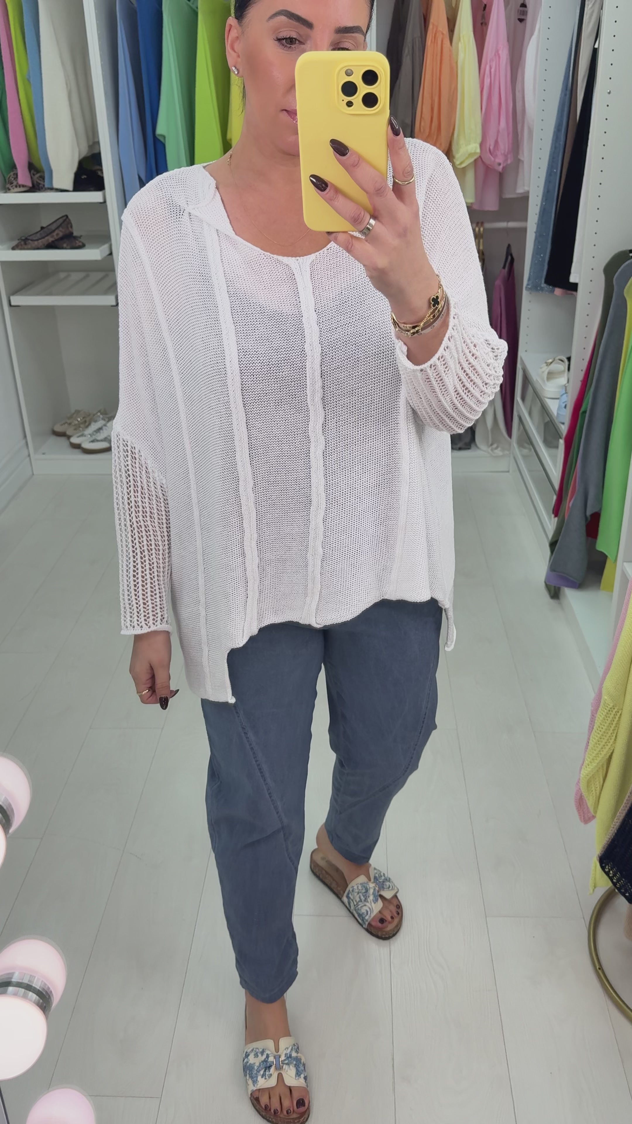 Load video: Bella Plain Asymmetric Crochet Oversized Top