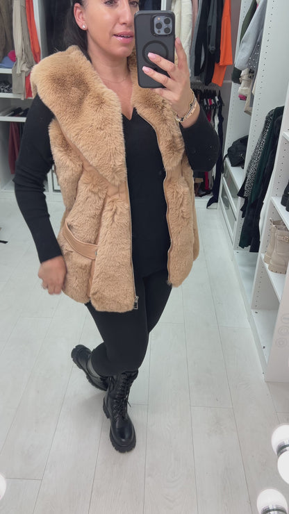 Aerin Camel Faux Fur Panelled Gilet