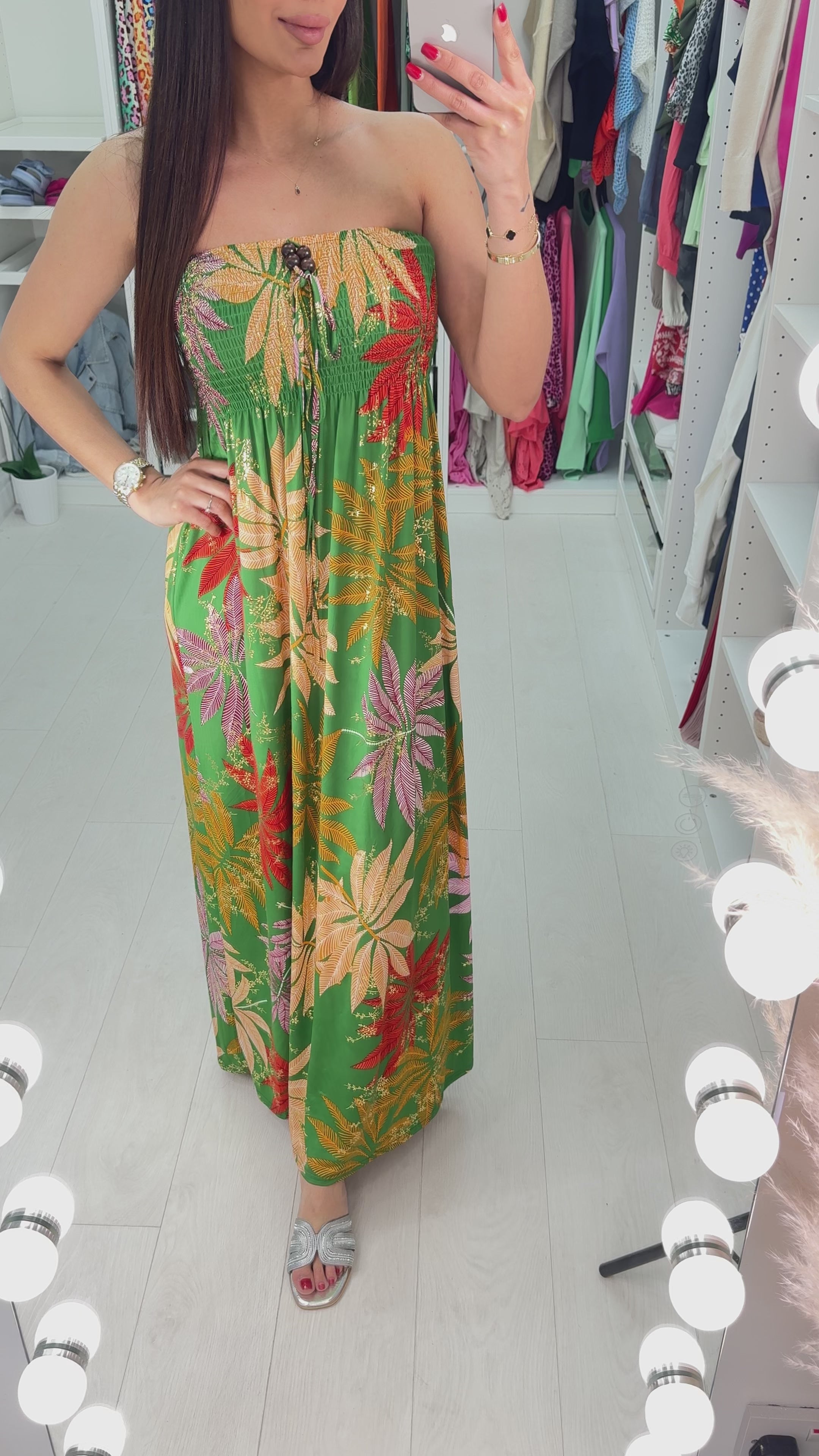 Sally Elasticated Bust Leaf Print Bandeau Maxi Dress