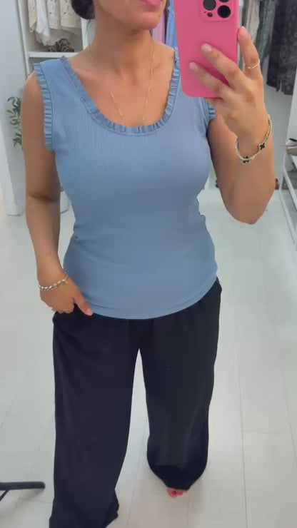 Sashia Plain Ribbed Frill Trim Vest Top